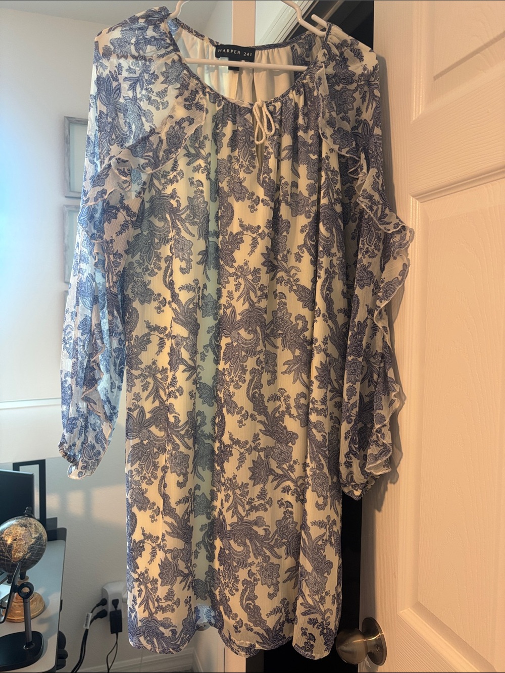 Harper White Dress with Blue Floral Print and Ruffle Sleeves